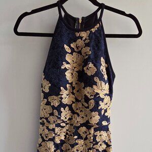 Xcape Navy Blue & Gold Floral Lace Halter Cocktail Dress